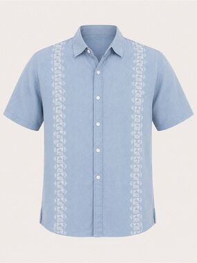 Amiani Linen Camp Shirt Blue Medium Resort Cuban Guayabera Vacation